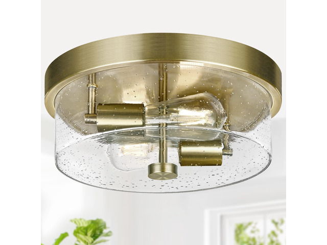 Flush Mount Ceiling Light Fixtures, 2-Light Brass Ceiling Mount for Farmhouse with Seeded Glass Lampshade, Industrial Hall Flush Mount Light...
