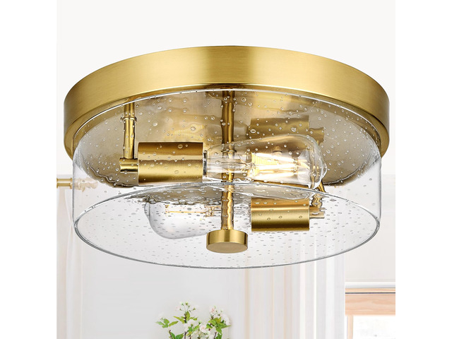 Flush Mount Ceiling Light Fixtures, 2-Light Gold Ceiling Mount for Farmhouse with Seeded Glass Lampshade, Industrial Flush Mount Light Fixture...