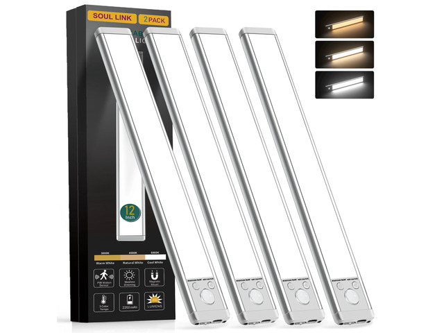 4-Pack 12' 88-LED Motion Sensor Under Cabinet Lights, Wireless Button control, 2200mAh rechargeable batteries, magnetic mounting, dimming and 3...