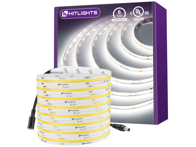 COB LED Strip Lights Cool White 5000K, 16.4ft 24V Tape, UL Listed 2560 LEDs, 350+ lm/ft, CRI 90+, IP30, High Density, Cuttable, Rope Lighting for...