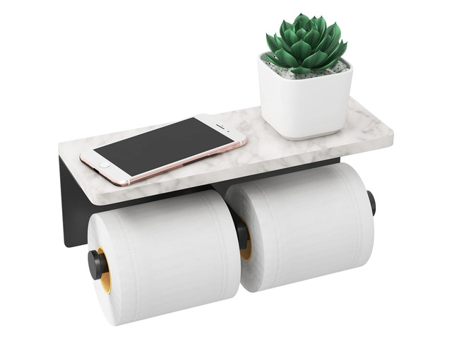 Toilet Paper Holder with Marble Shelf, Wall Mount, Double Black Stainless Steel Tissue Roll Paper Holder Dispenser for Bathroom Washroom