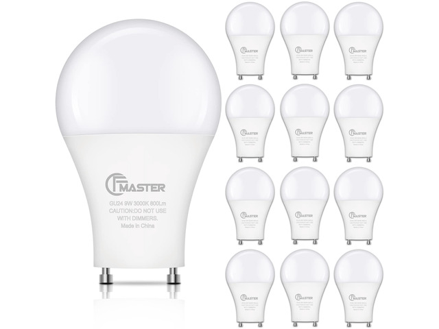 GU24 LED Light Bulb, 3000K Warm White, 9W (100W Equivalent), 800 Lumens, A19 Shape, GU24 Pin Base, Non-Dimmable, UL ETL Certificated (12-Pack)