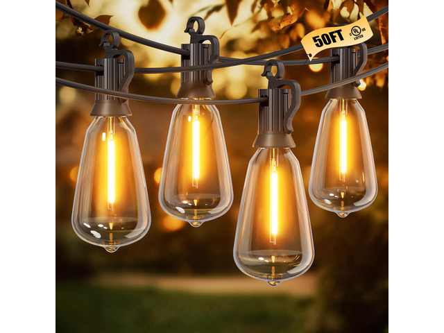 Outdoor String Lights, 50FT 25+2 LED ST38 LED Patio Lights Shatterproof, Dimmable IP65 Waterproof Connectable Hanging Outdoor Light for Backyard,...