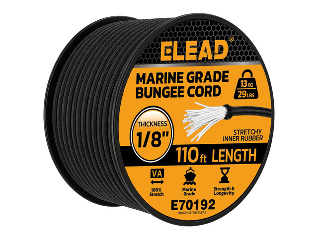 Heavy Duty Bungee Cord Roll, 1/8' x 110ft Marine Grade Outdoor Bungee Cords, Black Super Elastic Shock Cords, Long Cord for Cargo, Camping, Bike...