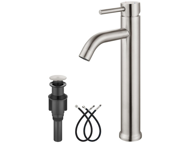 Brushed Nickel Vessel Sink Faucet Tall Bathroom Faucet Stainless Steel Bathroom Sink Faucet Single Handle One Hole Round Body with Pop up Drain...