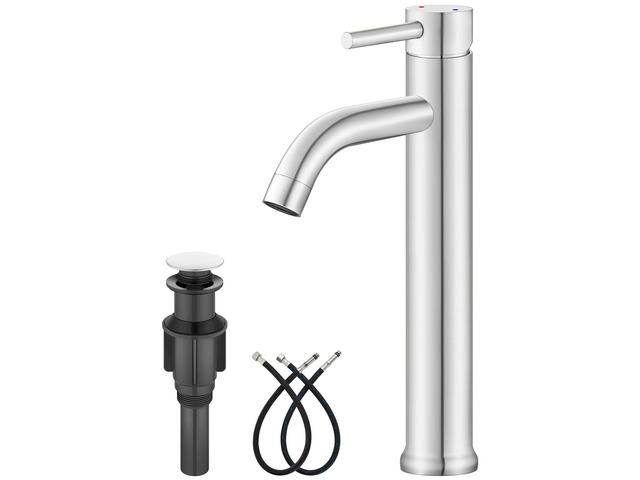 Polish Chrome Vessel Sink Faucet Tall Bathroom Faucet Stainless Steel Bathroom Sink Faucet Single Handle One Hole Round Body with Pop up Drain...