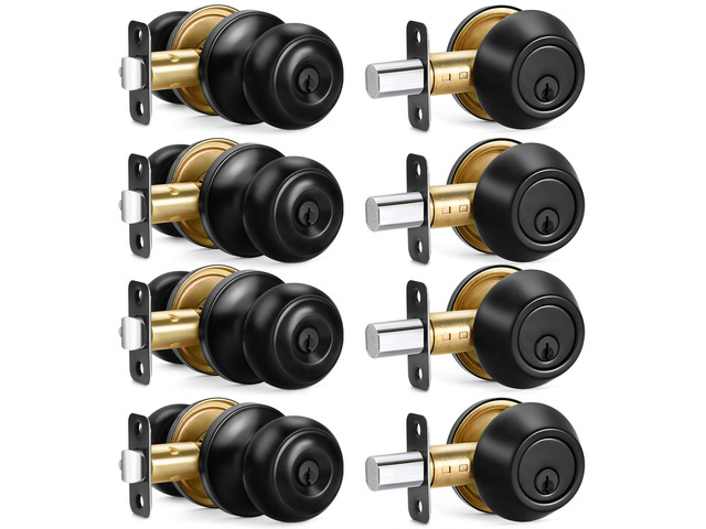 4 Sets Entry Door Knob and Single Cylinder Deadbolt Combo Set, Keyed Alike Round Ball Matte Black Interior/Exterior Door Knobs with Lock and Keys...