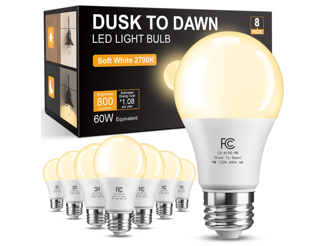 Dusk to Dawn Light Bulb Outdoor, Light Sensor, Automatic On/Off, 2700K Photocell A19 LED Bulb for Outdoor Porch Lighting, 60W Equivalent, Energy...