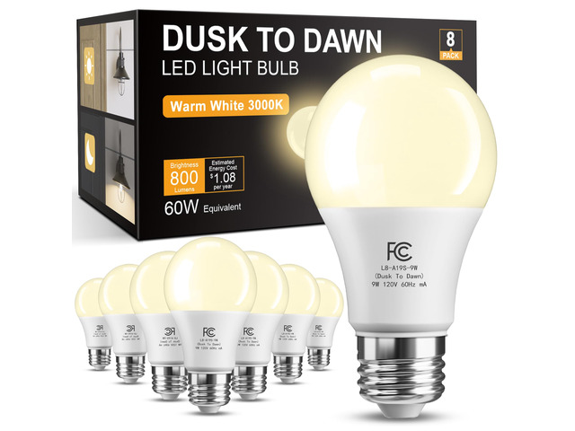 Dusk to Dawn Light Bulb Outdoor, Light Sensor, Automatic On/Off, 3000K Photocell A19 LED Bulb for Outdoor Porch Lighting, 60W Equivalent, Energy...