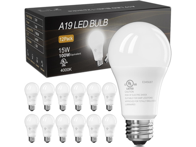 12 Pack LED Light Bulbs, 100 Watt Equivalent A19, Cool White 4000K 15W 1500 Lumens Neutral White Lightbulbs, Non Dimmable Energy Saving Lamp for...