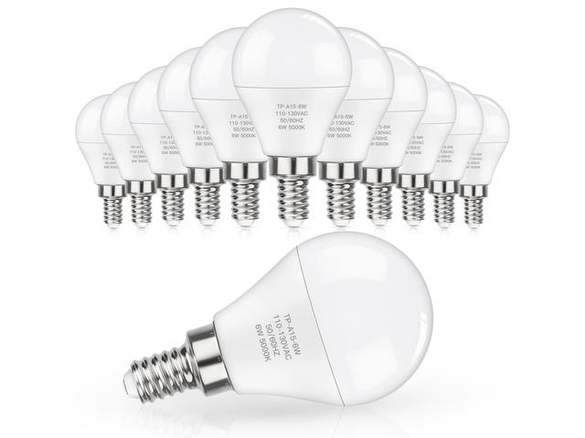 E12 LED 60W Equivalent Daylight White 5000K Ceiling Fan Bulbs, 600LM CRI 85+ Small Base Candelabra Bulbs, 6W Non-Dimmable, Pack of 12