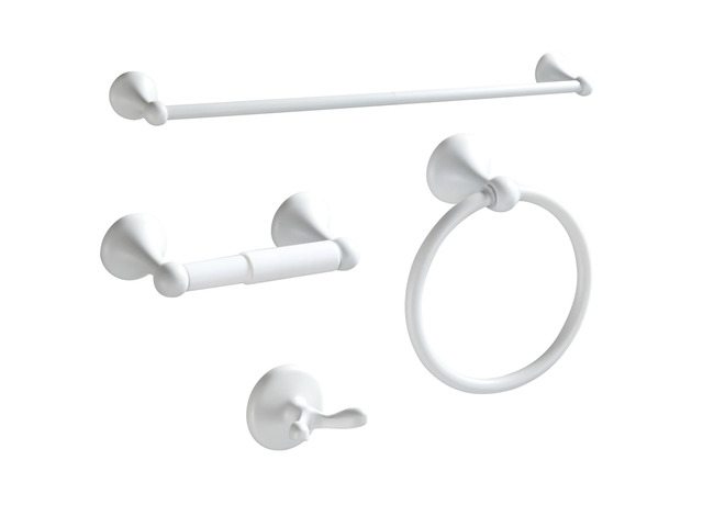 Bathroom Accessories Set, White Paint Expandable Towel Bar 4-Piece Bathroom Accessory Set Wall Mounted Towel Ring Robe Hook Toilet Paper Holder...