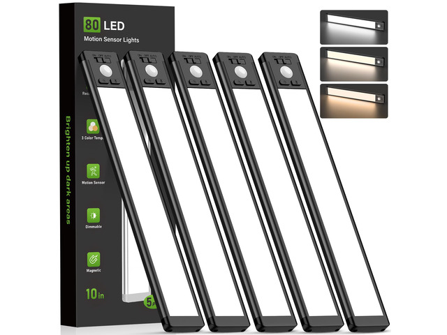 10inch Under Cabinet Lighting, Wireless Motion Sensor Light, 5 Pack 3 Color Temps, Rechargeable, 1800mAh, Dimmable, Magnetic, LED Closet Light,...