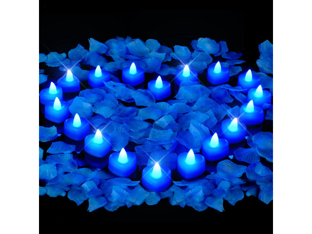 4000 Pieces Blue Artificial Rose Petals with 50 Blue Heart LED Tea Lights, Rose Petals and Candles Set for Proposal, Anniversary, Romantic Night,...