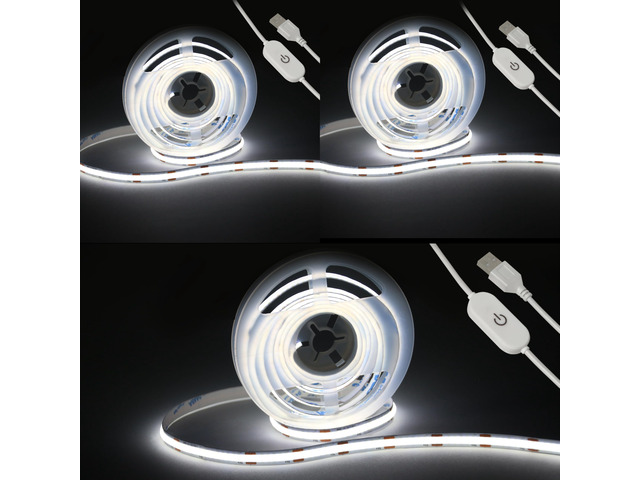 Led Strip Lights Touch Dimmable 5V USB COB 6500K White 6.56ft/2m (3Pack) 640 LEDs COB LED Strip Light, 10W Flexible, For Bedroom Kitchen Room...
