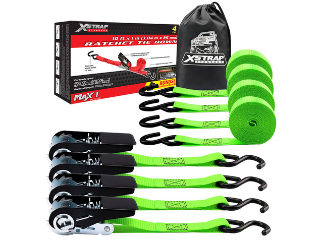 4-PK Ratchet Tie Down Straps, 1' x 10ft Cargo Strap, Green 900 Lbs Break Strength Securing Straps with S-Hook for UTV, ATV, Pickup,Truck, Moving...