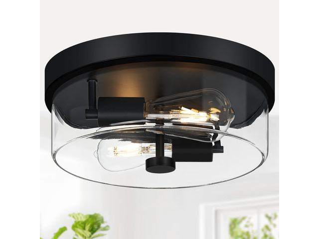 Flush Mount Ceiling Light Fixtures, 2-Light Black Ceiling Mount for Farmhouse with Clear Glass Lampshade, Industrial Flush Mount Light Fixture for...