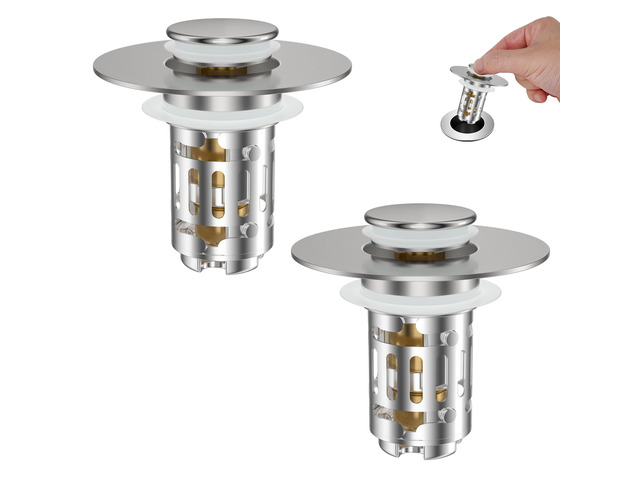 2 Pack Bathroom Sink Drain Strainer, 3 in 1 Pop Up Stopper Universal Hair Catcher Sink Plug for 1.1''-2.36'' Hole, Removable Stainless Steel Filter...