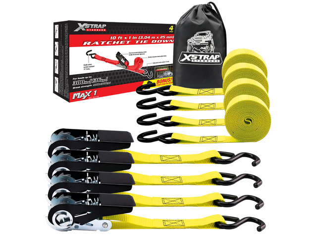 4-PK Ratchet Tie Down Straps, 1' x 10ft Cargo Strap, Yellow 900 Lbs Break Strength Securing Straps with S-Hook for UTV, ATV, Pickup,Truck, Moving...
