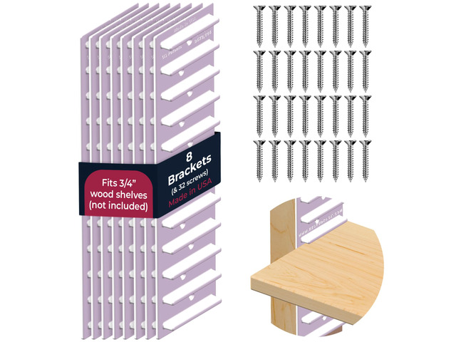 Made in USA Adjustable Shelf Brackets, 8-Pack (4 Pairs) Easy-to-Adjust One-Row Storage for Custom-Fit Shelves Your Items, Your Wood, You Supply It