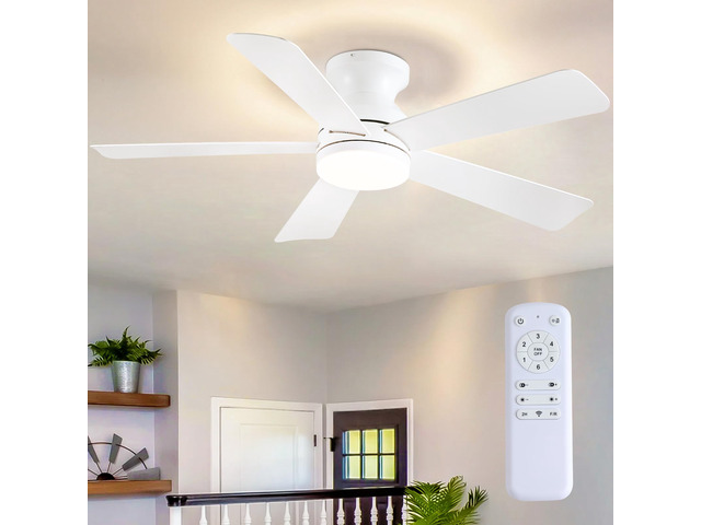 46 inch Ceiling Fans with Lights, White Flush Mount Ceiling Fan with Remote, 3CCT, LED Dimmable, Reversible, 6 Fan Speeds, Quite Low Profile...