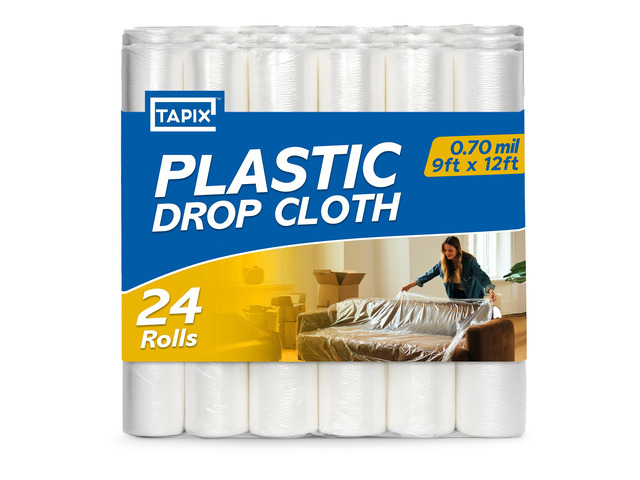 12 x 9 Ft Drop Cloths (24-Pack) Plastic Sheeting & Painters Plastic Tarps for Painting, Waterproof Floor & Furniture Protection