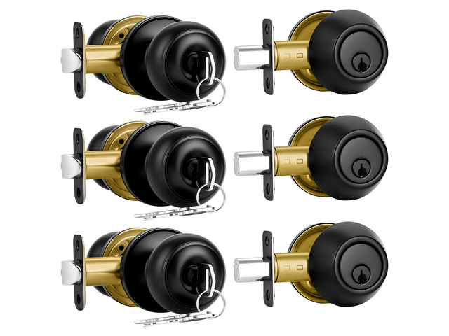 3 Pack Front Door Lock Set Matte Black,Exterior Door Lock Set with Deadbolt,Single Cylinder Deadbolt Lock and Door Knob Set,Keyed Alike Door Knobs...