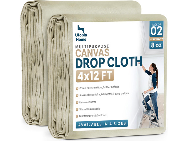 Canvas Drop Cloth 4x12 Ft, Drop Cloth for Painting, 2 Pack Washable and Reusable, Canvas Fabric, Furniture & Floor Protection, Highly Absorbent,...