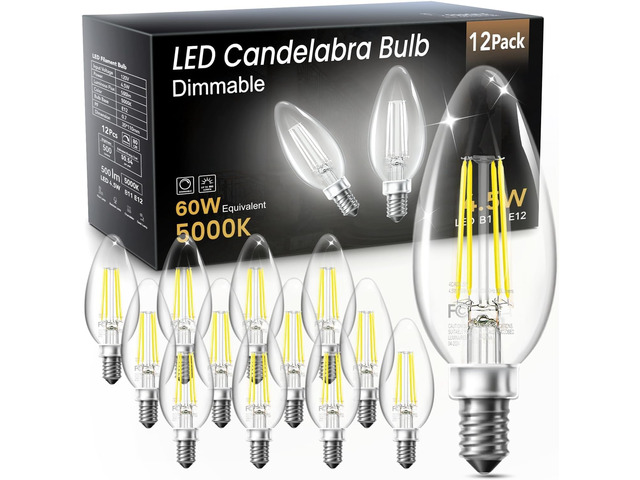 Candelabra LED Bulbs, E12 60W Equivalent Dimmable for Chandelier Light 5000K Daylight White, Small Base B11 Vintage Filament Clear Glass Candle...