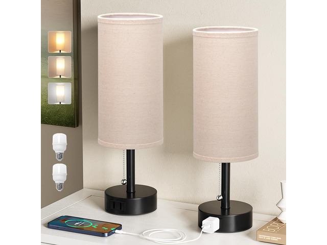 Beige Bedside Table Lamps Set of 2 - Bedroom Lamp for Desk, AC Outlet 3CCT(3000K/4000K/5000K), LED Bulbs Included, Beige Fabric Lampshade, 14in...