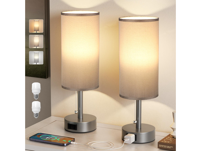 Dark Grey Bedside Table Lamps Set of 2 - Bedroom Lamp for Desk, AC Outlet 3CCT(3000K/4000K/5000K), LED Bulbs Included, Dark Grey Fabric Lampshade,...