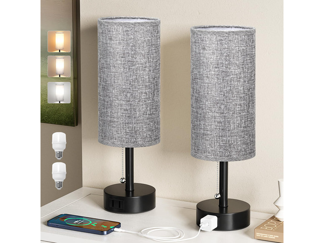 Grey Bedside Table Lamps Set of 2 - Bedroom Lamp for Desk, AC Outlet 3CCT(3000K/4000K/5000K), LED Bulbs Included, Grey Fabric Lampshade, 14in Small...