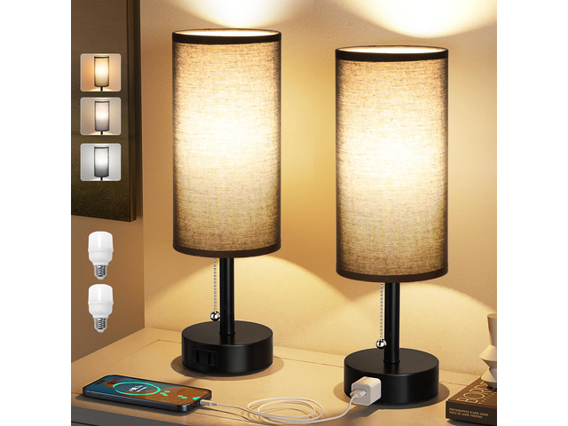 Black Bedside Table Lamps Set of 2 - Bedroom Lamp for Desk, AC Outlet 3CCT(3000K/4000K/5000K), LED Bulbs Included, Black Fabric Lampshade, 14in...