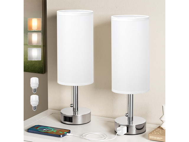 Silver Bedside Table Lamps Set of 2 - Bedroom Lamp for Desk, AC Outlet 3CCT(3000K/4000K/5000K), LED Bulbs Included, White Fabric Lampshade, 14in...