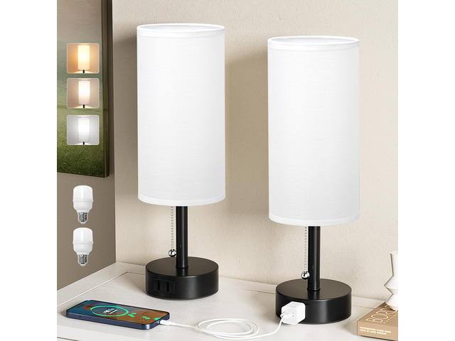 White Bedside Table Lamps Set of 2 - Bedroom Lamp for Desk, AC Outlet 3CCT(3000K/4000K/5000K), LED Bulbs Included, White Fabric Lampshade, 14in...