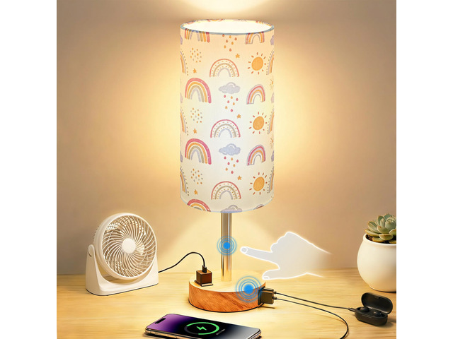 Bedside Table Lamp, Dimmable Touch, AC Outlet, USB A+C (SunRainbow) 3-Way Dimmable, Small Touch Lamp with Eye-Care LED Bulb, Ideal Soft Lighting...