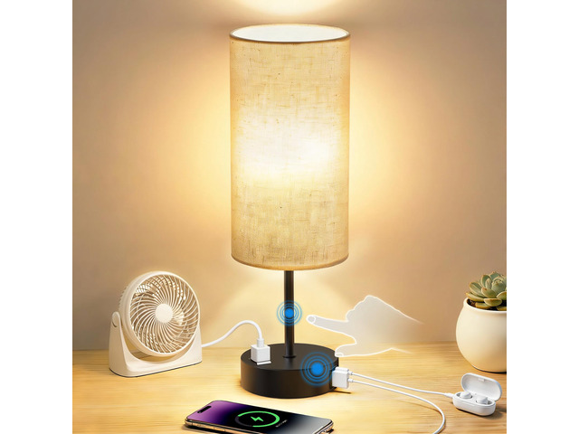 Table Lamp for Bedroom, High-Sensitivity Touch, AC Outlet, USB A+C 3-Level Dimmable Bedside Lamp with Eye-Care LED Bulb, Ideal Nightstand Lamp for...