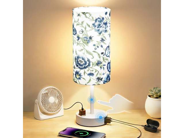 Table Lamp, Dimmable Touch, AC Outlet, USB A+C (Printed & White) 3-Way Dimmable, Small Touch Lamp with Eye-Care LED Bulb, Ideal Bright Lighting...