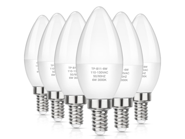 E12 LED Candelabra Light Bulbs 60W Equivalent, Soft White 3000K 600 Lumens Chandelier Bulb, 6W B11 Candle Base, Non-Dimmable, Pack of 6