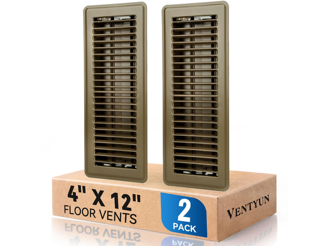 4' x 12' Floor Register Vent Covers 2-Pack, Brown Floor Vent Walkable Powder-Coated Metal Vent Covers with Adjustable Airflow, Curved Safe Edges...
