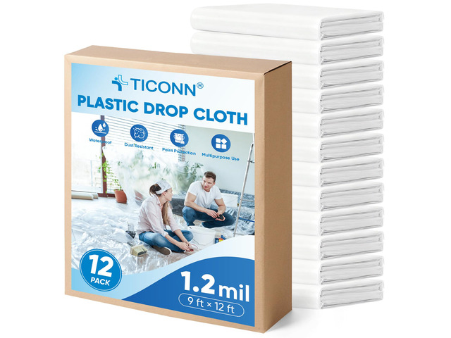 12 x 9 Ft Plastic Drop Cloth for Painting, Waterproof Painters Plastic Sheeting, Painting Tarp for Furniture Cover, Floor Protection (12PK, 1.2Mil)