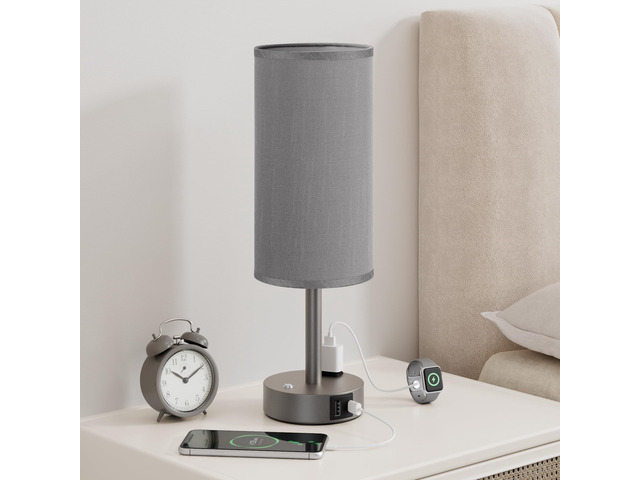 Grey Touch Bedside Lamp for Bedroom, Stepless Dimmable, USB A+C, AC Outlet Base Touch Button Only, Memory Brightness, Ultra-dim Night Light,...