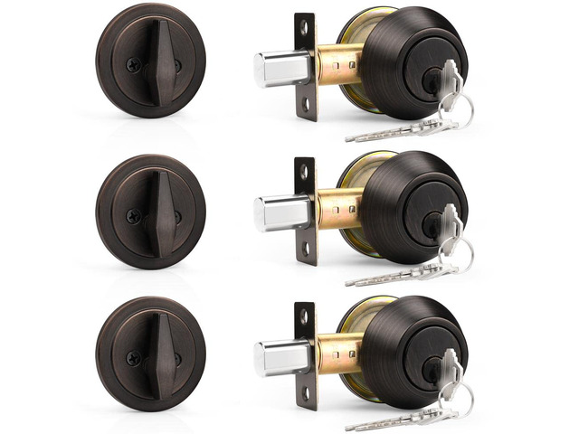 Keyed Alike Single Cylinder Deadbolts Oil Rubbed Bronze(Combo Packs), One Side Keyed Deadbolts 3 Keys Interior& Exterior Door Lock for Entrance...