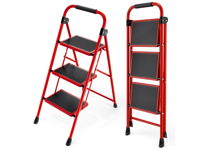 Step Ladder, Folding Ladder with Non-Slip and Wide Pedal, Small Ladder with Handle, Heavy Duty Steel Stool, Lightweight Step Ladder (Red, 3 Step...