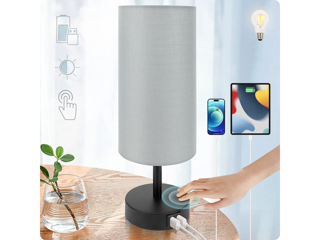 Bedside Lamp with USB Port - Touch Control Table Lamp for Bedroom 3 Way Dimmable Nightstand Lamp with Round Grey Fabric Shade for Living Room,...