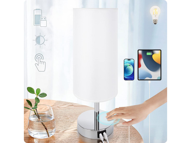Bedside Lamp with USB Port - Touch Control Table Lamp for Bedroom 3 Way Dimmable Nightstand Lamp with Round White Fabric Shade for Living Room,...
