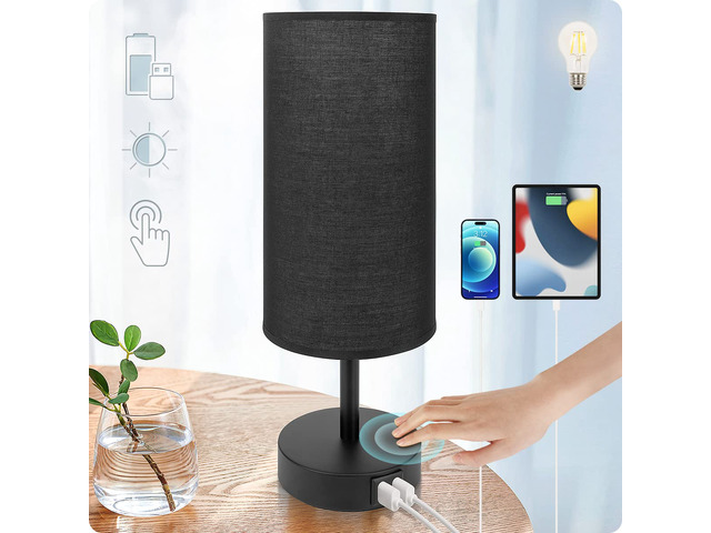 Bedside Lamp with USB Port - Touch Control Table Lamp for Bedroom 3 Way Dimmable Nightstand Lamp with Round Black Fabric Shade for Living Room,...