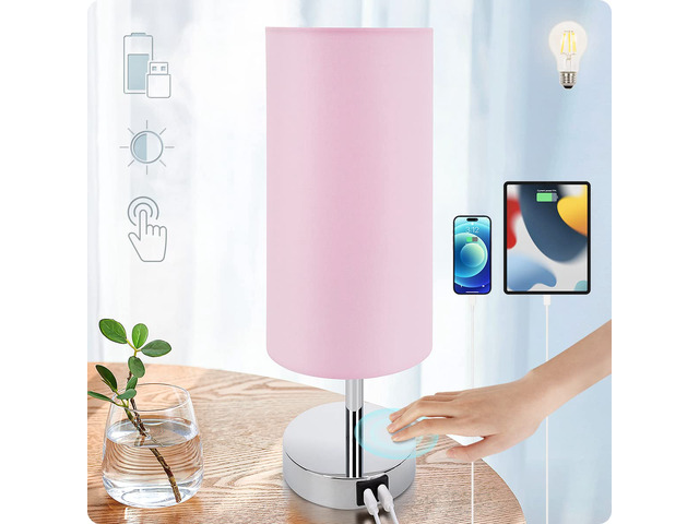 Bedside Lamp with USB Port - Touch Control Table Lamp for Bedroom 3 Way Dimmable Nightstand Lamp with Round Pink Fabric Shade for Living Room,...