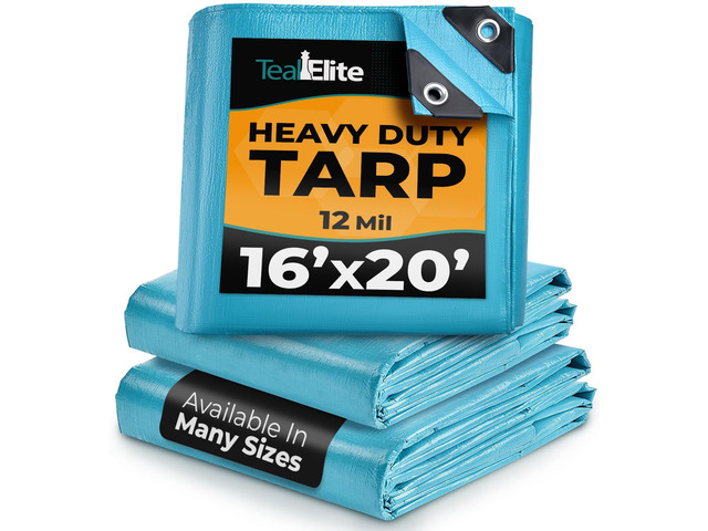Tarps Heavy Duty Waterproof 16x20 ft, 12 mil Thick Tarp Cover with Grommets UV-resistant, Rip & Tear Proof Blue Large Poly Tarp with Metal Grommets...