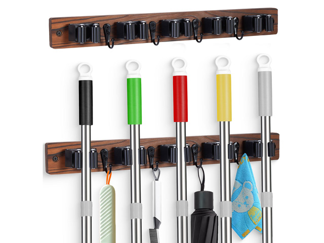 2 PACK Broom Holder Wall Mount With 5 Slots & 4 HooksRustic Wood Broom & Mop HangerWall Mounted Garden & Garage Tool Storage Organizer Rack for...